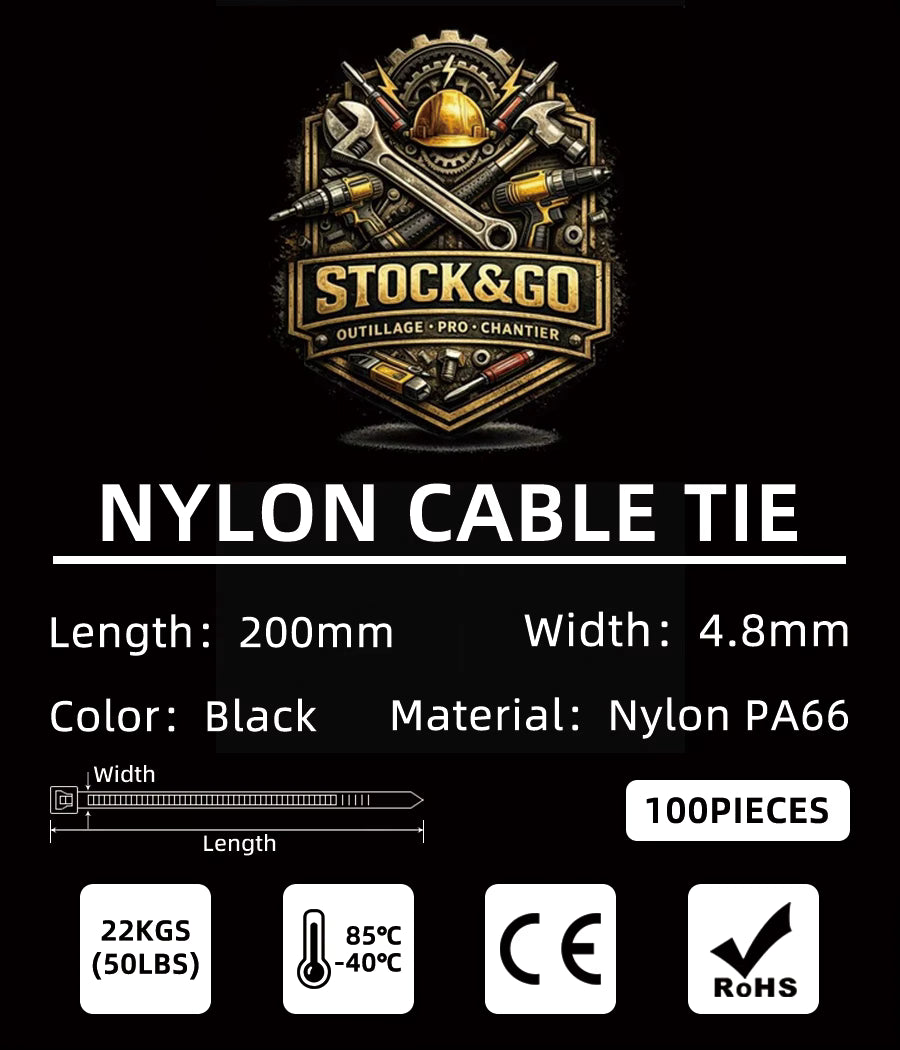 Lot de 100 Serre-câbles Nylon 4.8x200 mm – Colliers de Serrage Ultra Résistants – Noir / Blanc