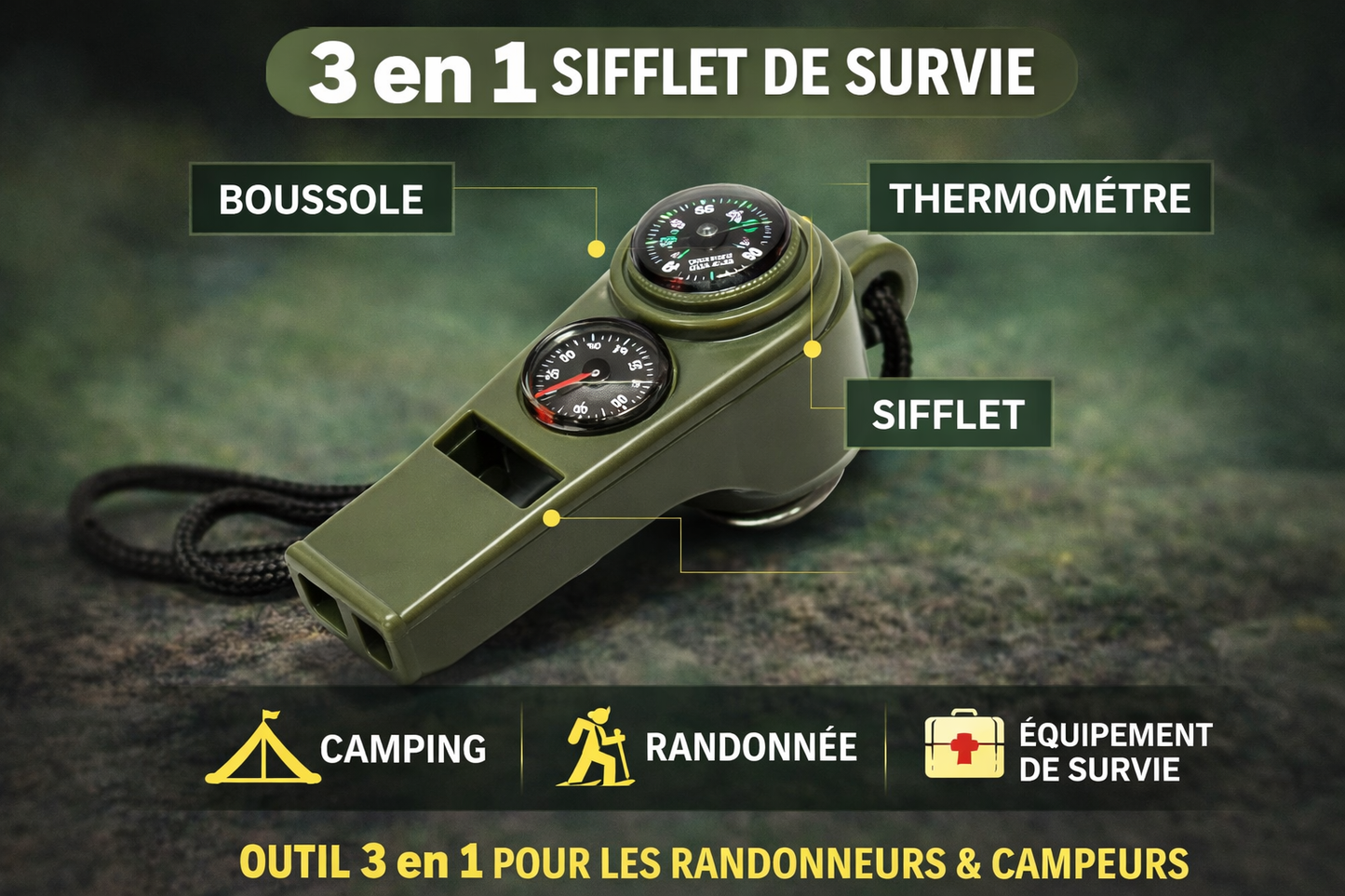 Sifflet de Survie 3 en 1 avec Boussole et Thermomètre – Camping Randonnée Urgence