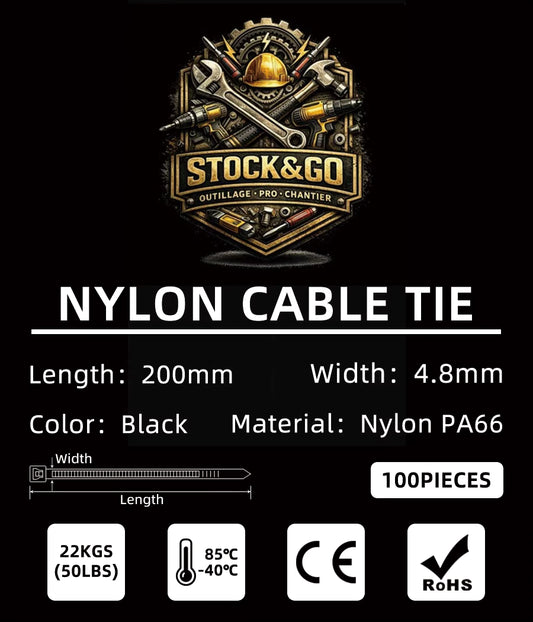 Lot de 100 Serre-câbles Nylon 4.8x200 mm – Colliers de Serrage Ultra Résistants – Noir / Blanc