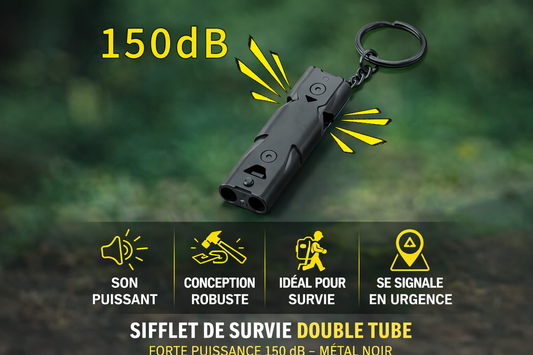 Sifflet de Survie 150 dB Double Tube Métal Noir – Porte-Clés Urgence Randonnée Camping
