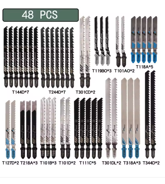 Coffret de lames scie sauteuse 10 à 48 pièces – Bois, métal, plastique – Tige en T universelle