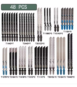Coffret de lames scie sauteuse 10 à 48 pièces – Bois, métal, plastique – Tige en T universelle